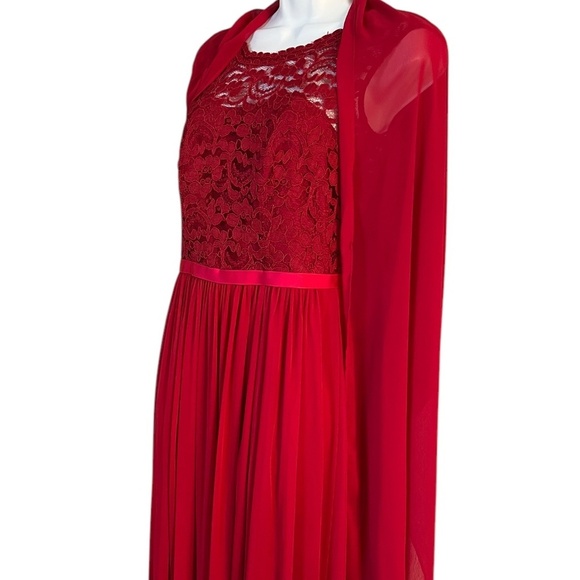 David's Bridal | Red Lace & Chiffon Cap Sleeve Dress | Bridesmaid - Picture 6 of 8